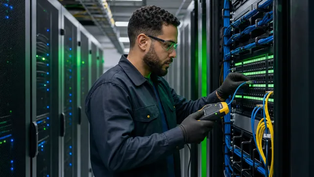 Técnico trabalhando em redes de computadores
