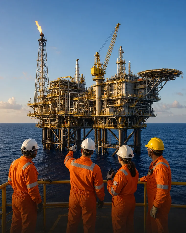 Plataforma de petróleo completa com profissionais em uniformes offshore laranja