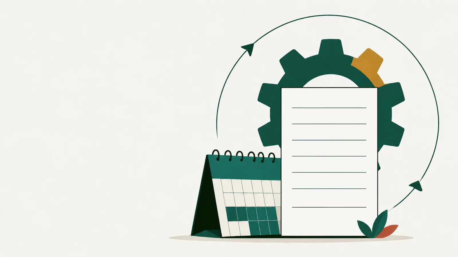 Ilustração de um formulário apoiado sobre um calendário, com uma engrenagem grande atrás e uma seta circular de renovação