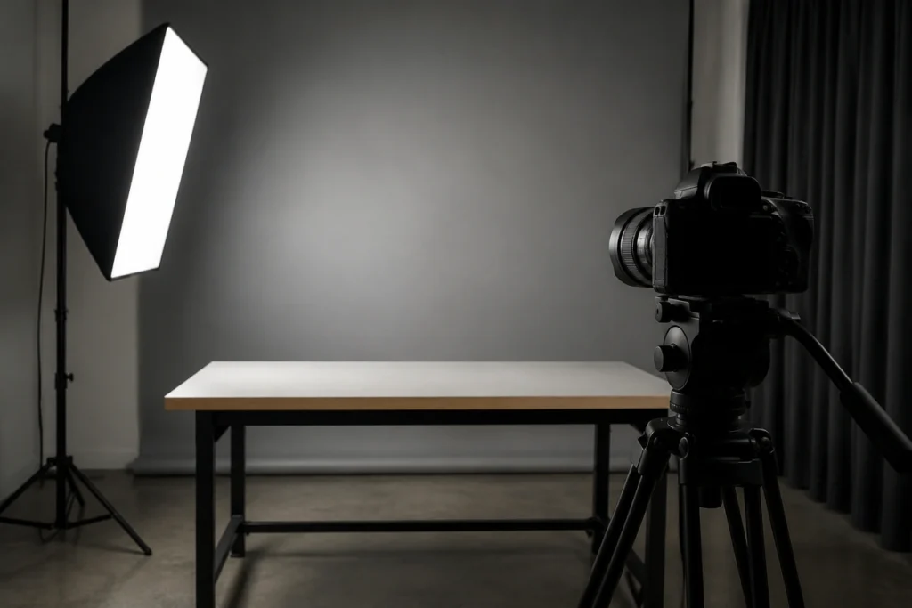 Estúdio de gravação com câmera em tripé apontada para bancada vazia e softbox aceso à esquerda