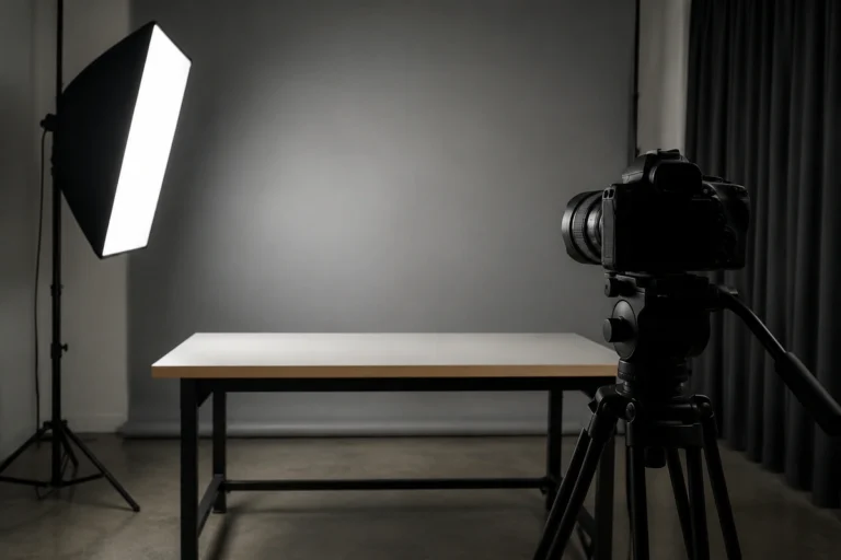 Estúdio de gravação com câmera em tripé apontada para bancada vazia e softbox aceso à esquerda