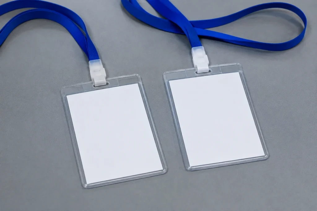 Dois porta-crachás de plástico com cordão azul e cartão em branco lado a lado sobre mesa cinza
