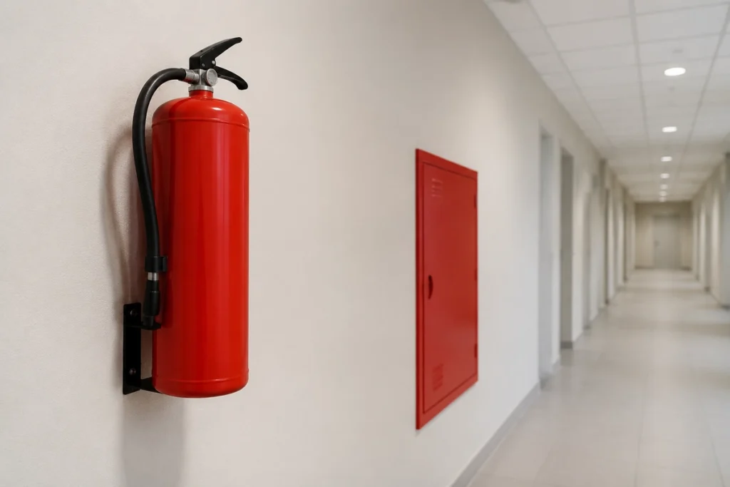Extintor de incêndio em suporte de parede e caixa de hidrante fechada em corredor de prédio