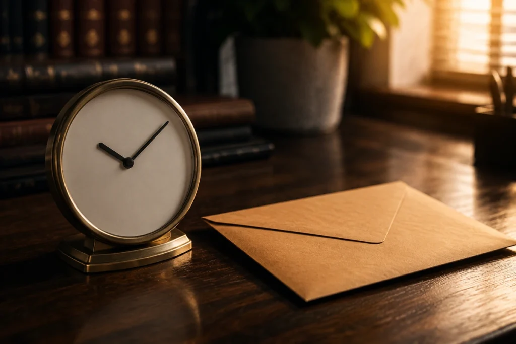 Relógio de mesa dourado e envelope pardo fechado sobre mesa de madeira escura ao fim da tarde