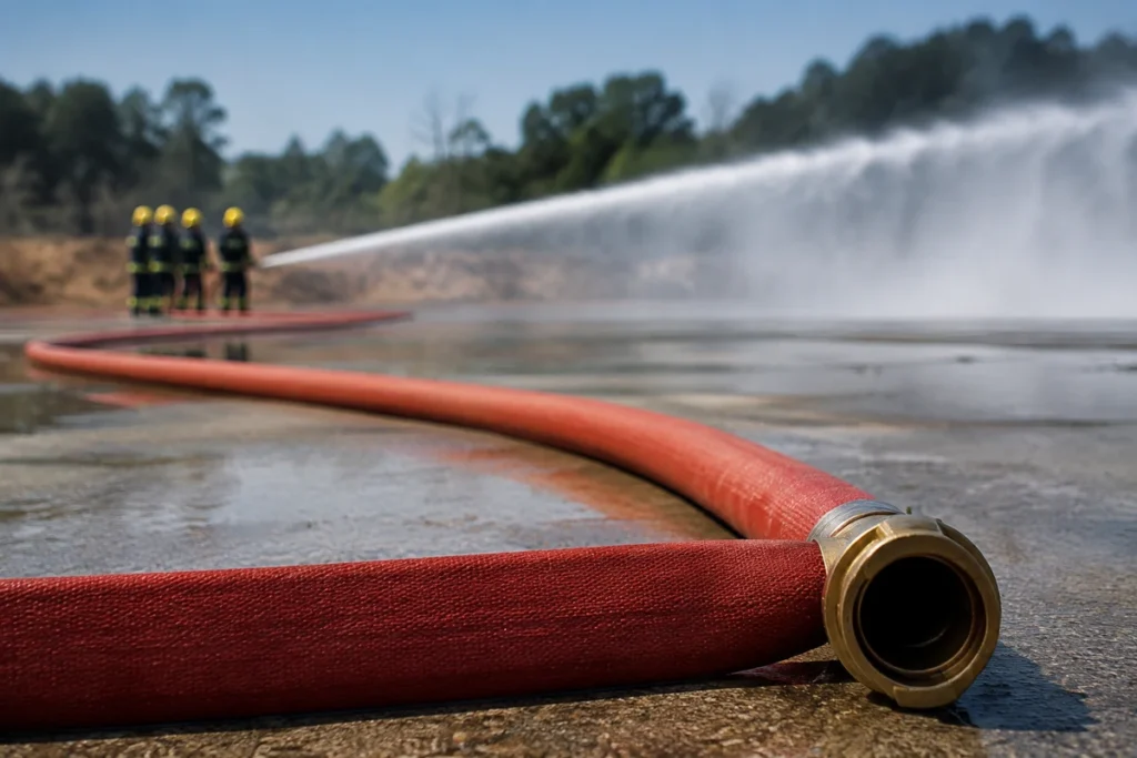 Mangueira de incêndio desenrolada no chão molhado com equipe lançando jato de água ao fundo