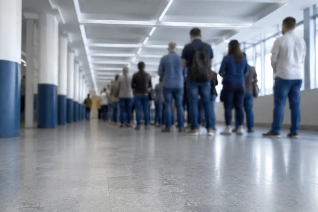 Fila de pessoas vistas de costas e desfocadas em corredor de agência de atendimento