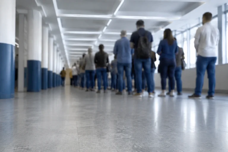 Fila de pessoas vistas de costas e desfocadas em corredor de agência de atendimento