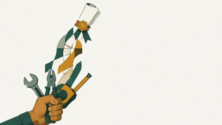 Ilustração de uma mão segurando ferramentas de ofício que se transformam gradualmente em um certificado enrolado