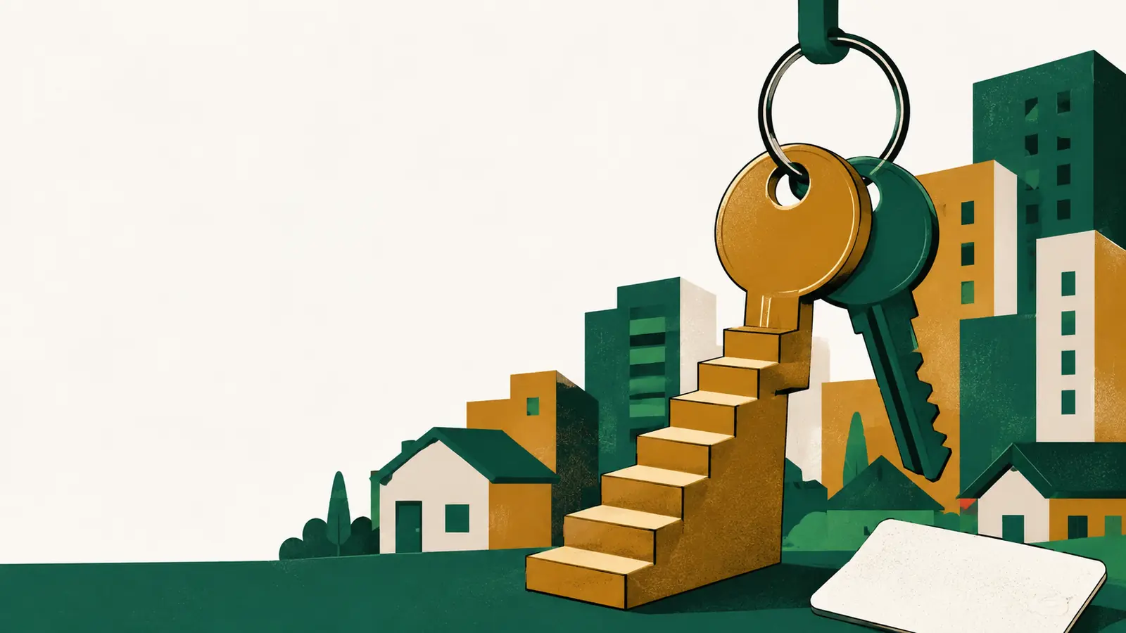 Ilustração de um molho de chaves em que uma delas se transforma em escada, com fachadas de casas ao fundo
