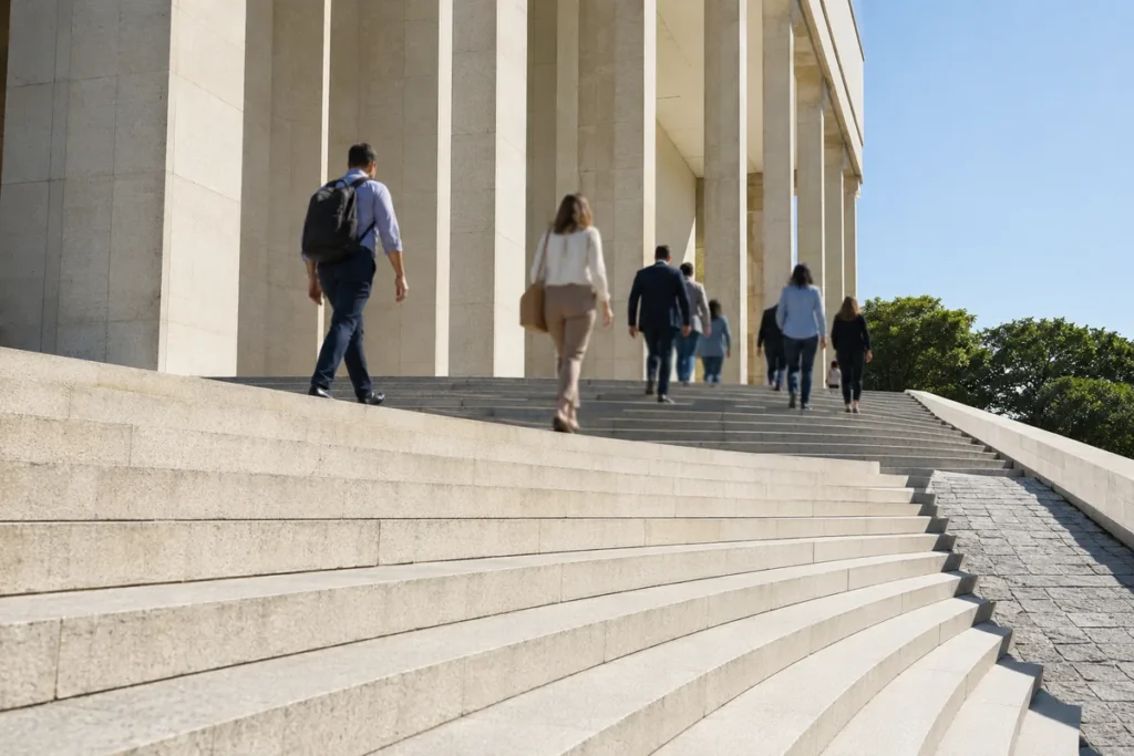 Pessoas subindo a escadaria larga de um prédio público de colunas altas, vistas de costas