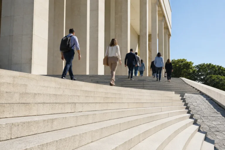 Pessoas subindo a escadaria larga de um prédio público de colunas altas, vistas de costas