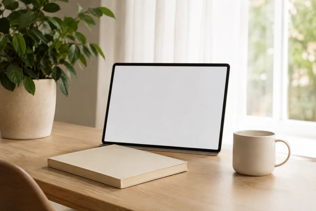 Notebook de tela em branco, caderno fechado e caneca sobre mesa de madeira junto a janela com cortina