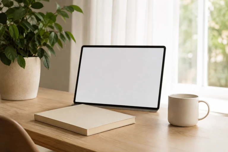 Notebook de tela em branco, caderno fechado e caneca sobre mesa de madeira junto a janela com cortina