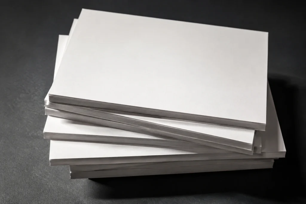 Pilha desalinhada de folhas de papel encorpado totalmente em branco sobre superfície escura