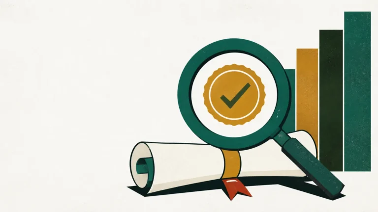 Ilustração de uma lupa sobre um diploma enrolado, revelando um selo com marca de conferido