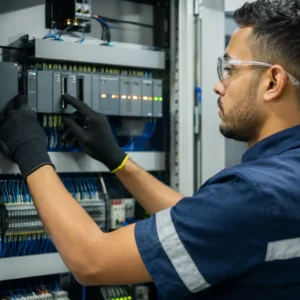 Técnico em automação industrial programando CLP