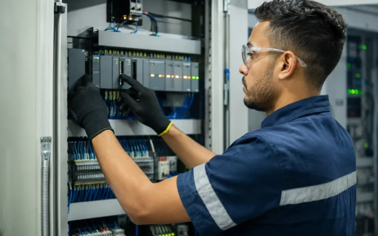 Técnico em automação industrial programando CLP