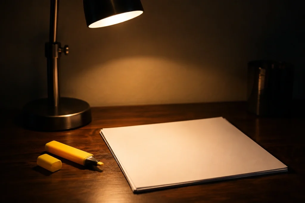 Mesa de estudo à noite com luminária acesa, marcador de texto destampado e folhas em branco
