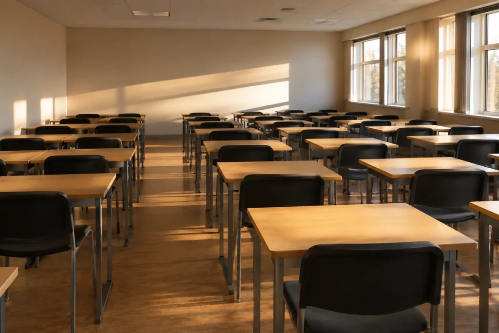 Sala de provas ampla com carteiras escolares vazias alinhadas e luz de fim de tarde pelas janelas