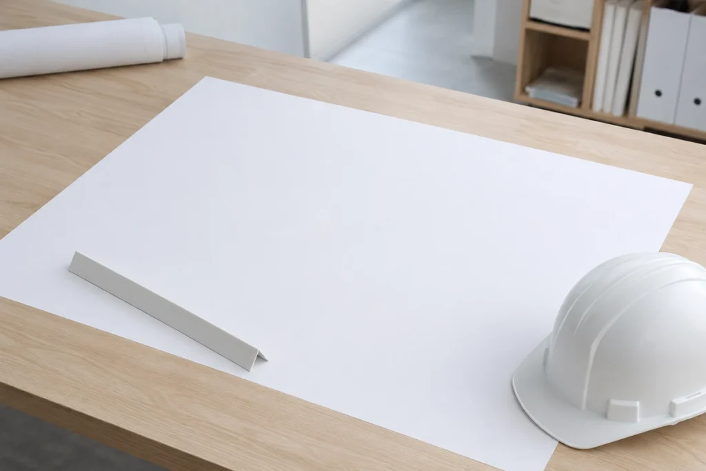 Folha de projeto em branco, escalímetro e capacete branco sobre mesa de madeira clara