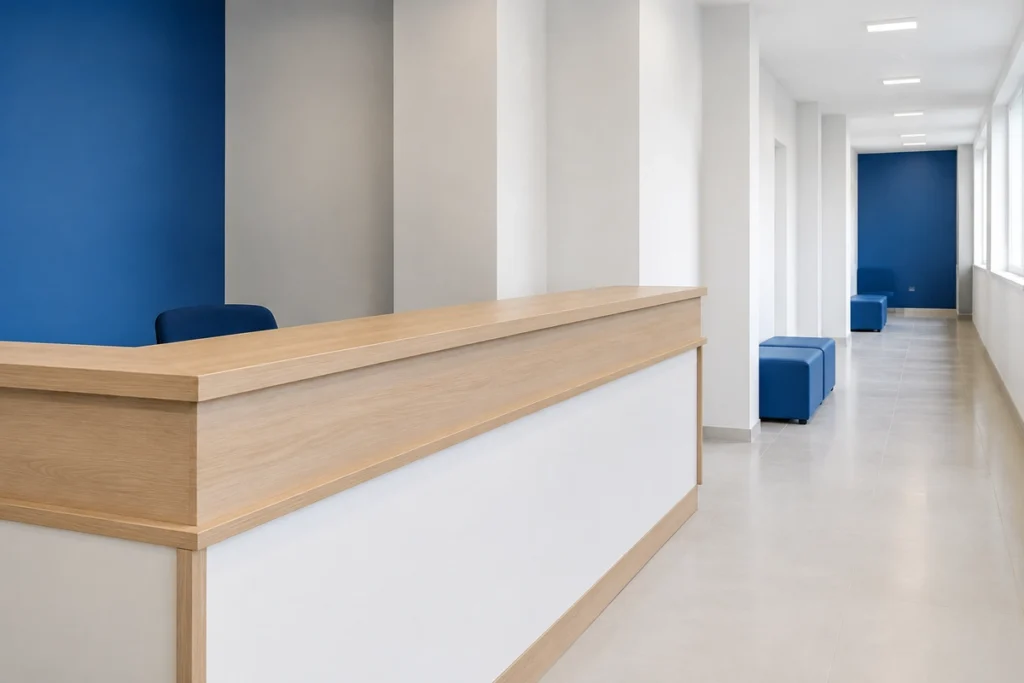 Balcão de recepção vazio de escola técnica com corredor iluminado e bancos azuis ao fundo