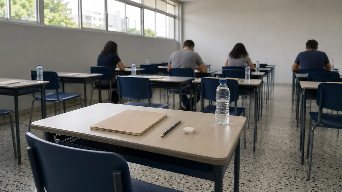 Sala de aplicação de prova com carteiras espaçadas e candidatos concentrados ao fundo, em luz natural de manhã.
