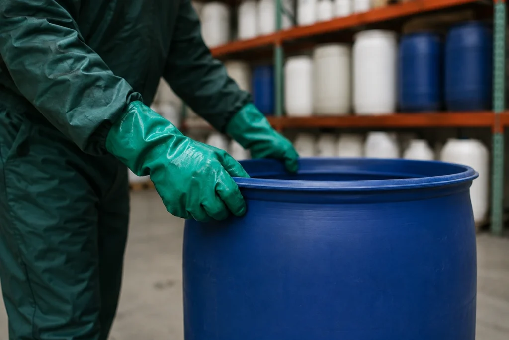 Trabalhador de macacão e luvas nitrílicas verdes movendo bombona azul em galpão de produtos químicos