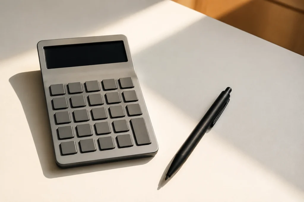 Calculadora de mesa com visor apagado e caneta sobre superfície clara, com sombra longa da manhã