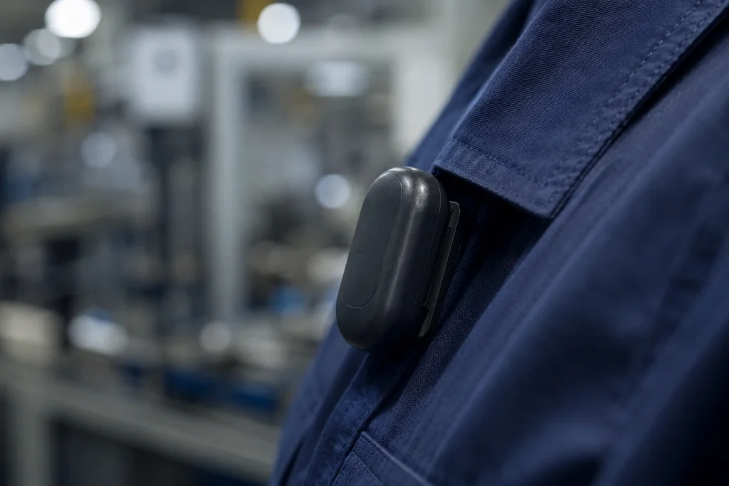 Dosímetro de ruído preso ao colarinho de uniforme azul com linha de produção desfocada ao fundo