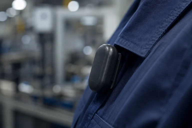 Dosímetro de ruído preso ao colarinho de uniforme azul com linha de produção desfocada ao fundo