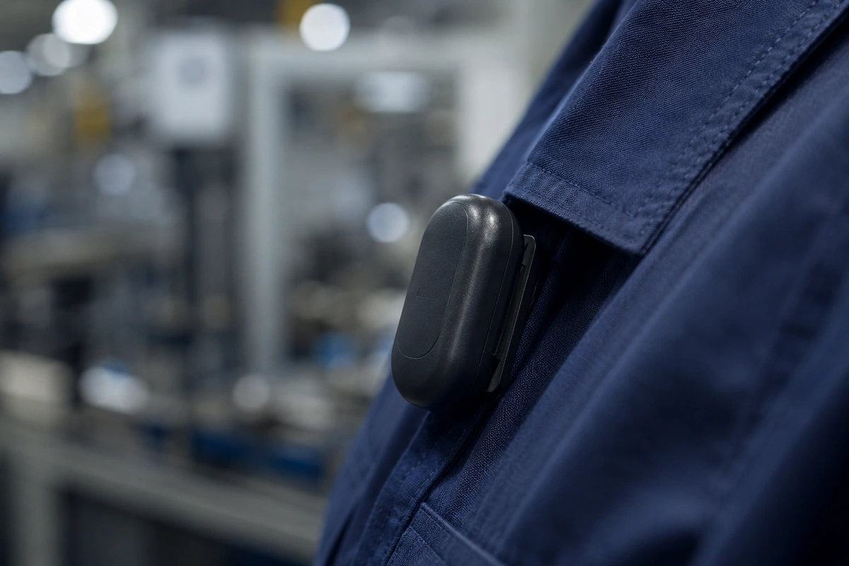 Dosímetro de ruído preso ao colarinho de uniforme azul com linha de produção desfocada ao fundo