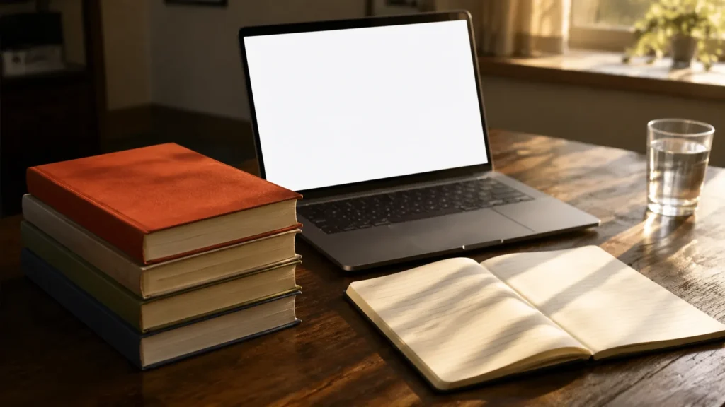 Livros empilhados ao lado de um notebook aberto e caderno de anotações