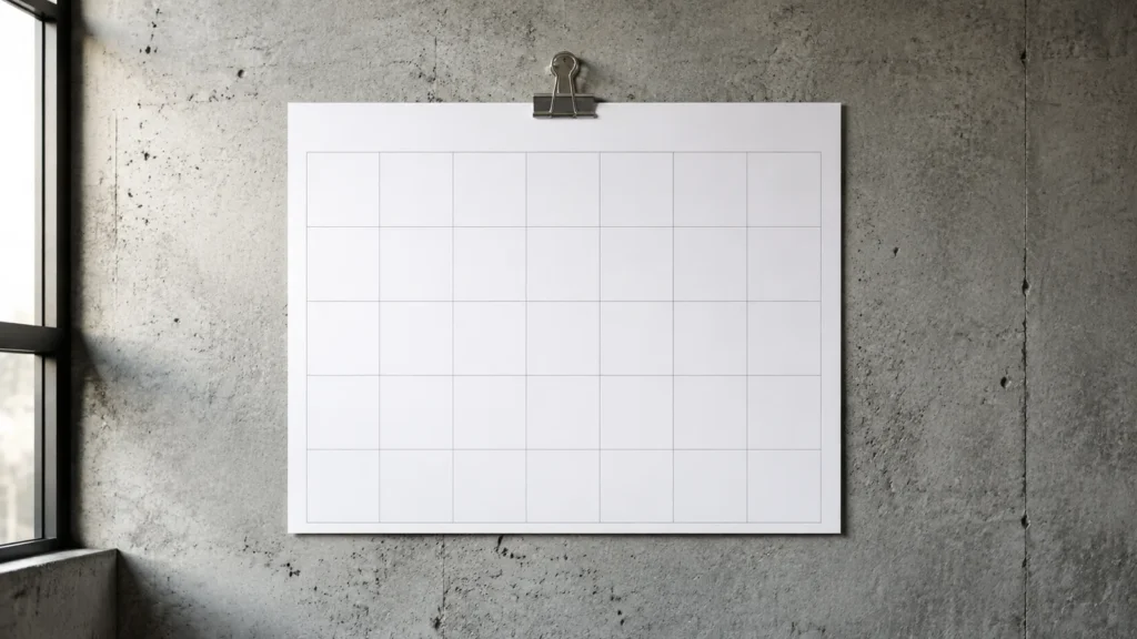 Calendário de parede com algumas datas circuladas, em um escritório claro