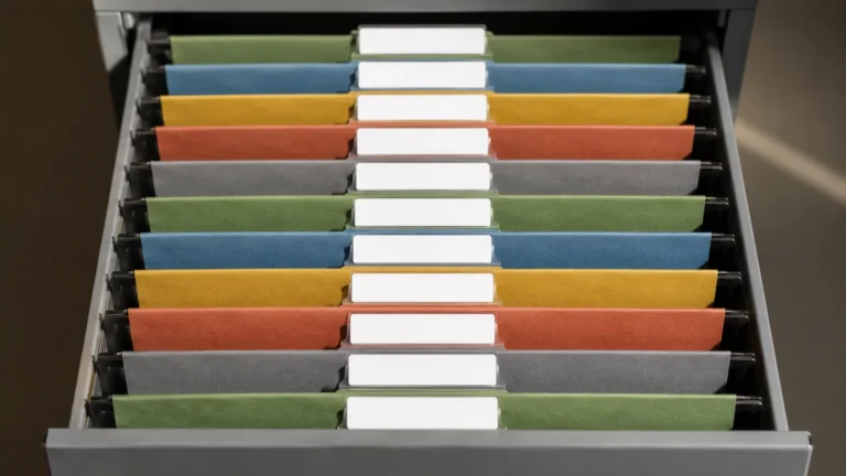 Pastas de arquivo coloridas enfileiradas em uma prateleira de escritório