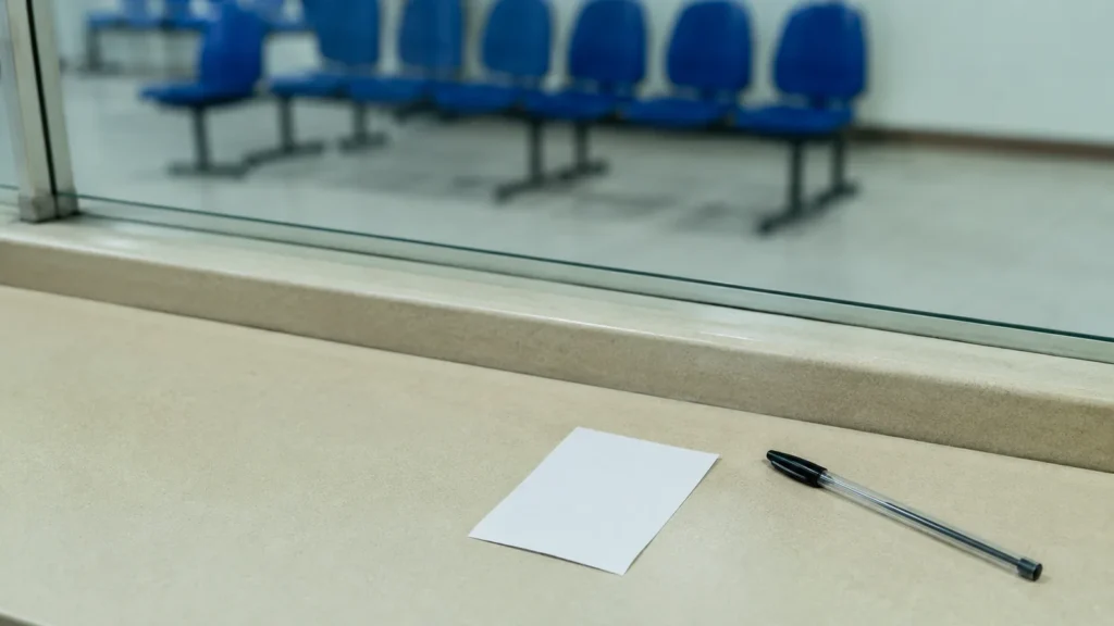 Balcão de atendimento de uma unidade pública de assistência social, com cadeiras de espera ao fundo