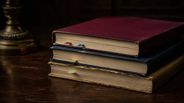 Volumes de legislação encadernados sobre uma mesa, com marcadores entre as páginas