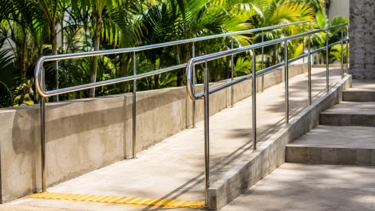 Rampa de acesso com corrimão na entrada de um prédio público