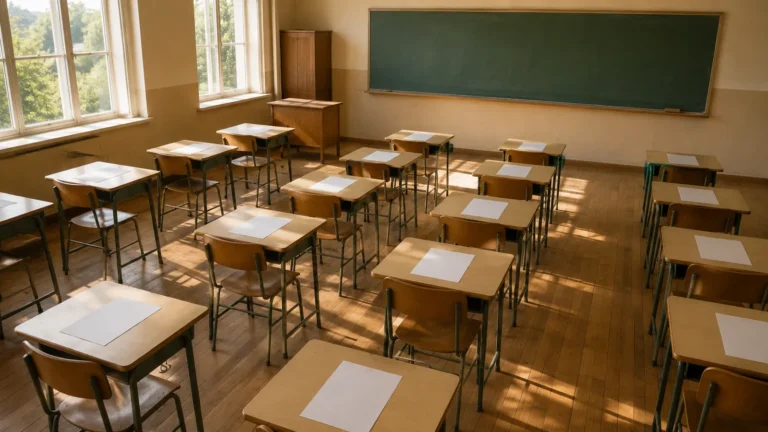 Carteiras escolares alinhadas e vazias em uma sala ampla preparada para prova