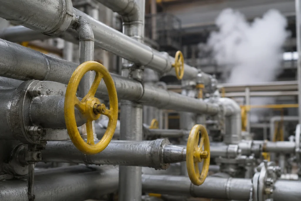 Tubulações industriais com volantes de válvula amarelos e vapor escapando ao fundo