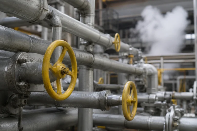 Tubulações industriais com volantes de válvula amarelos e vapor escapando ao fundo