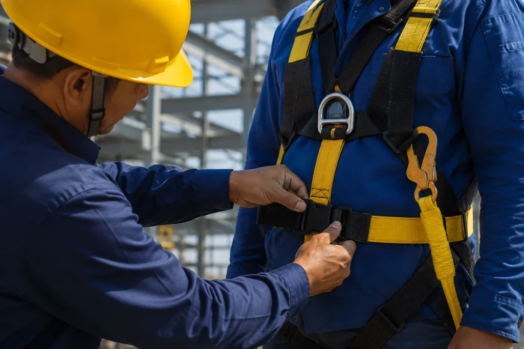 Instrutor de capacete amarelo ajustando a fivela do cinto paraquedista de outro trabalhador em estrutura metálica