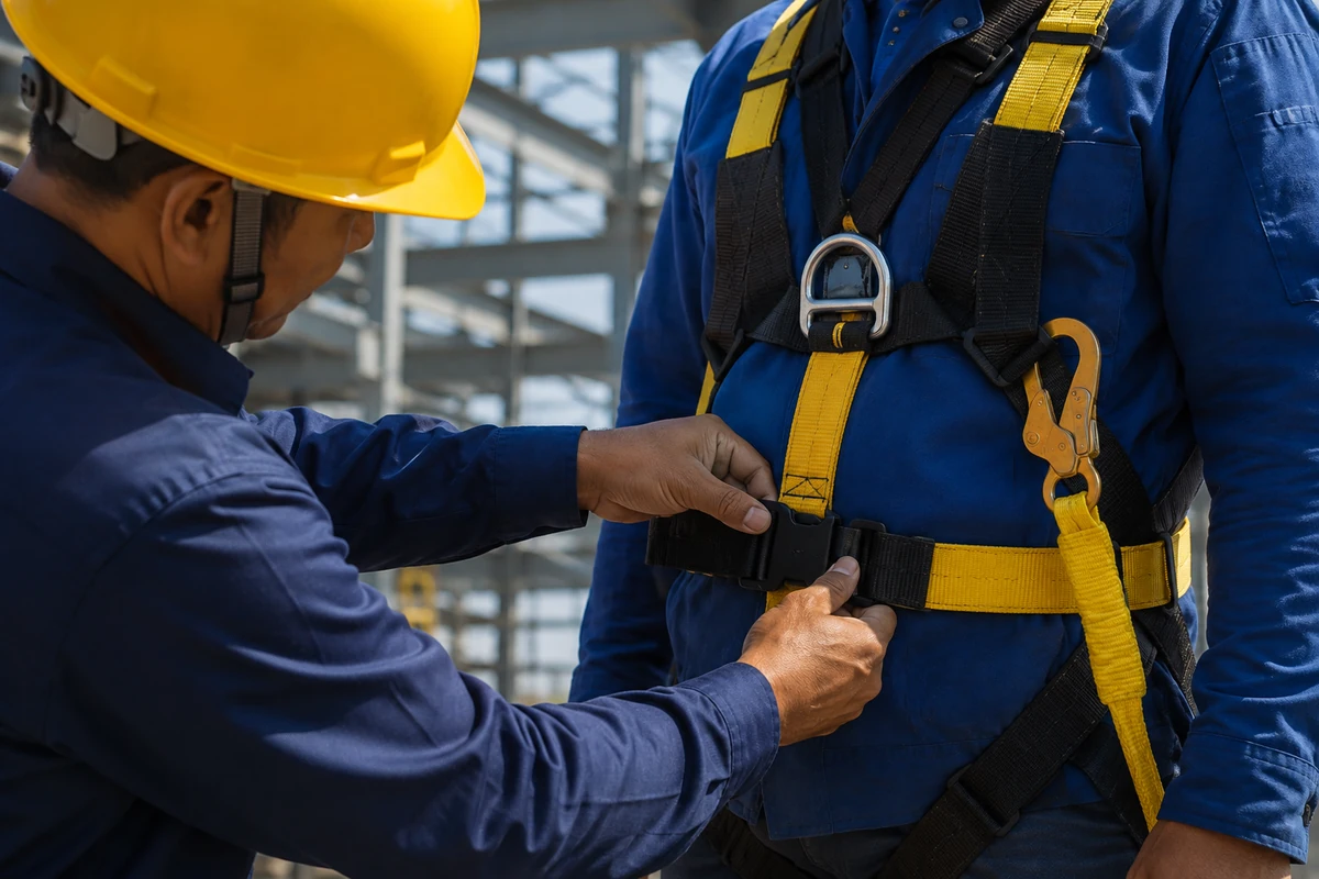 Instrutor de capacete amarelo ajustando a fivela do cinto paraquedista de outro trabalhador em estrutura metálica