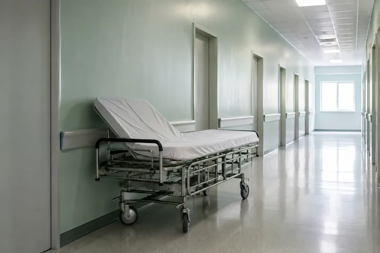 Maca hospitalar encostada na parede de um corredor de ambulatório com portas fechadas ao fundo