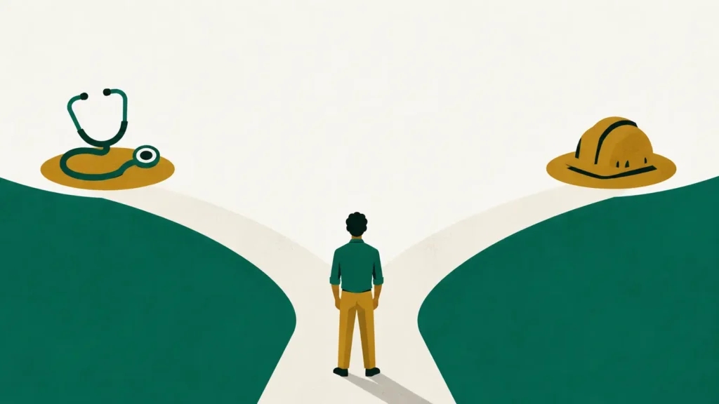 Ilustração de um caminho que se divide em dois, com um estetoscópio no fim de um ramo e um capacete no outro