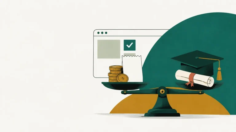 Ilustração de uma balança de dois pratos: moedas de um lado, capelo e certificado do outro