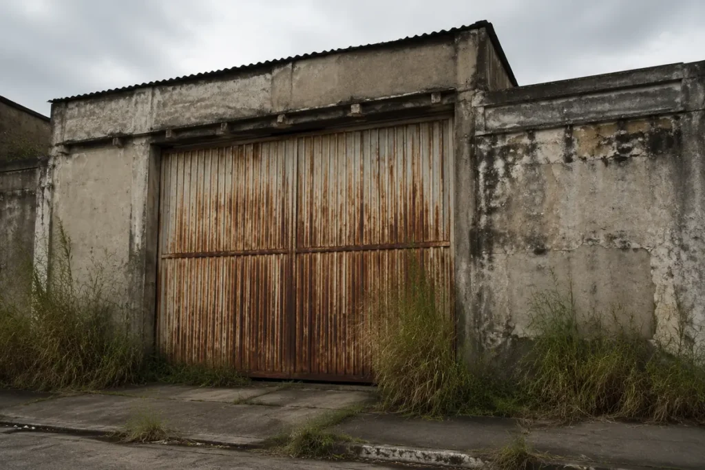 Fachada de galpão industrial desativado com portão de chapa enferrujado e mato crescendo na calçada