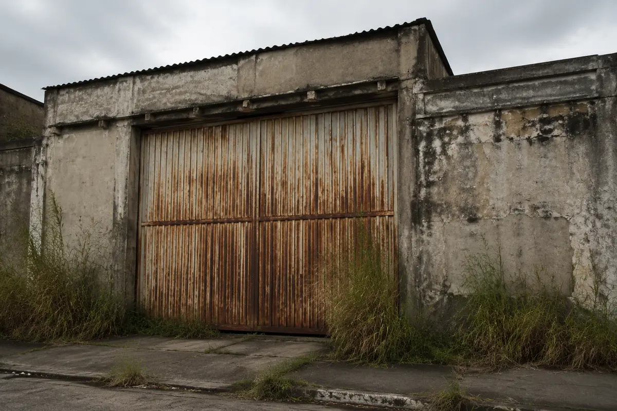 Fachada de galpão industrial desativado com portão de chapa enferrujado e mato crescendo na calçada