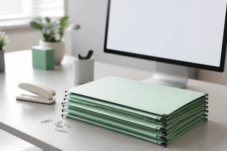 Pilha de pastas suspensas verdes sobre mesa de escritório com monitor de tela em branco ao fundo
