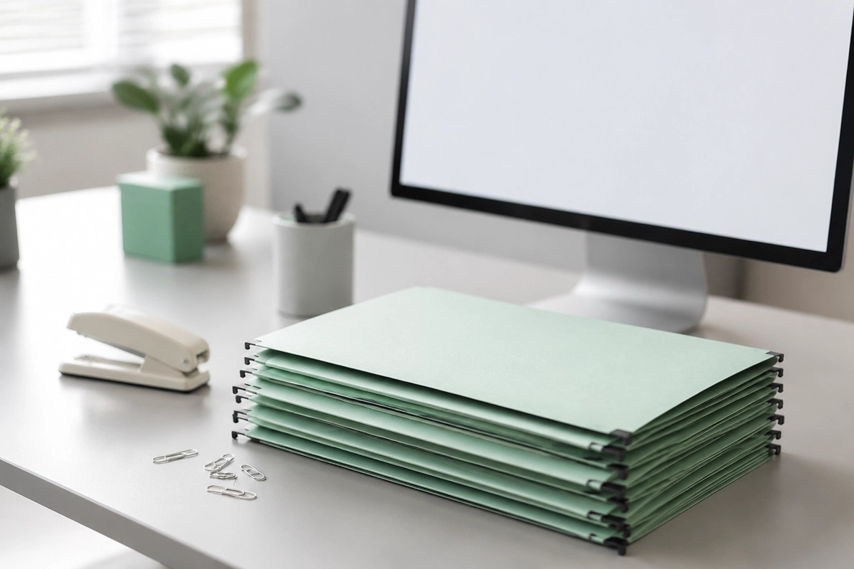 Pilha de pastas suspensas verdes sobre mesa de escritório com monitor de tela em branco ao fundo