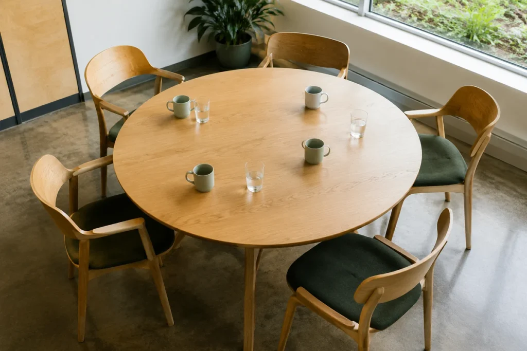 Mesa de reunião redonda com seis cadeiras vazias e luz natural de janela lateral